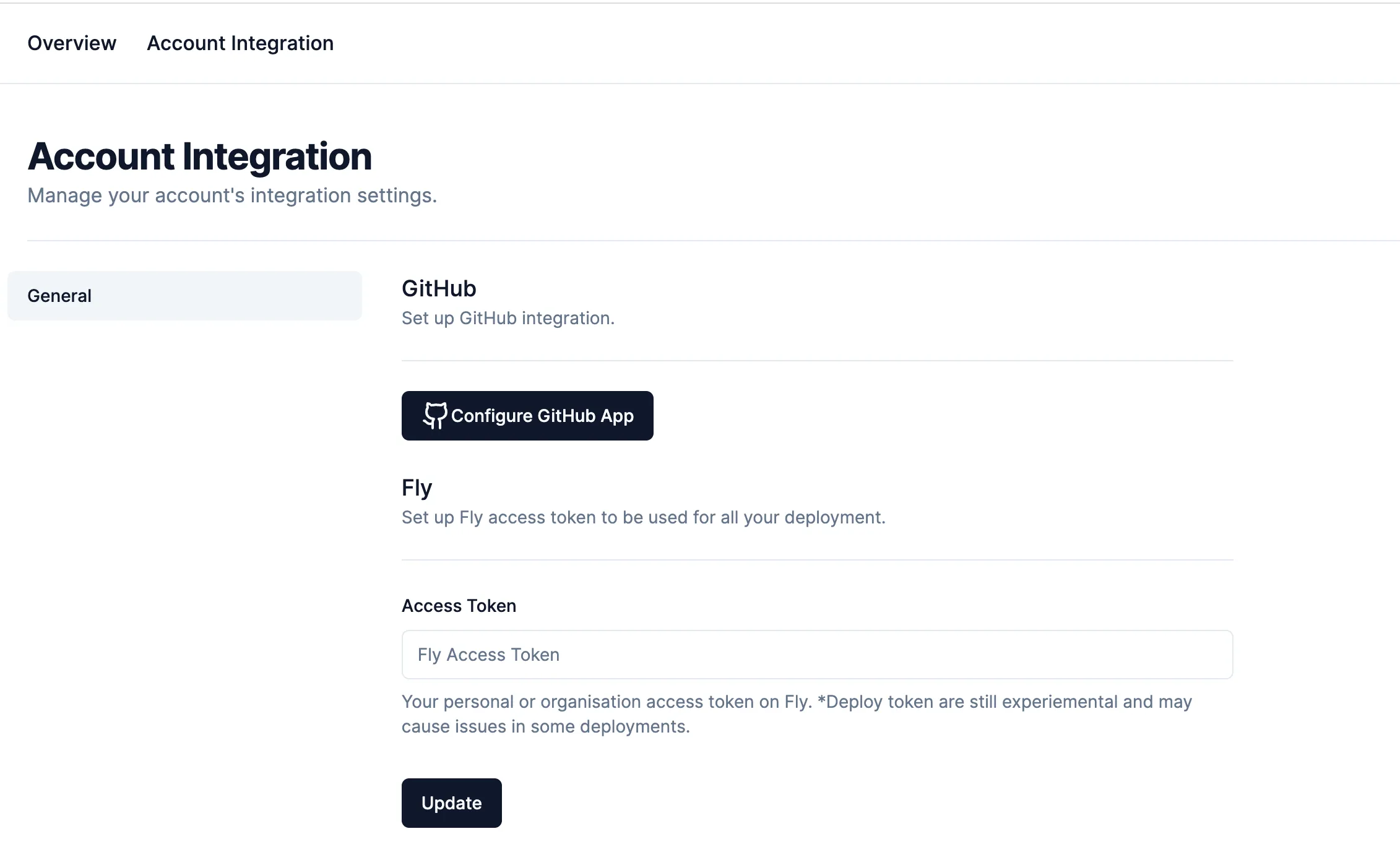 Account Integration Settings Page