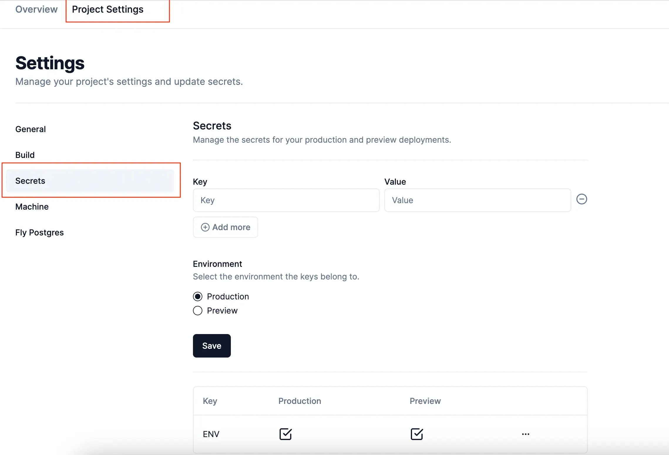 A project’s secrets settings page